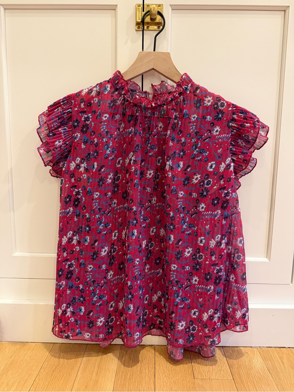 Anthropologie Pink Floral Ruffle Neck Blouse